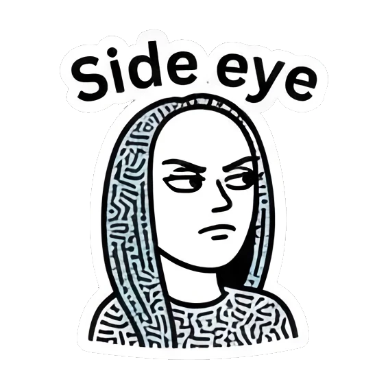 Girl giving a skeptical side eye with text Side eye Keith Haring Style Girl sticker for expressive chats and social replies.