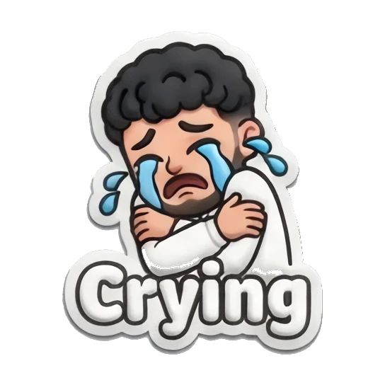 Man crying and hugging himself with 'Crying' text Curly Hair Guy Daily Vibes sticker for expressive chats and social replies.