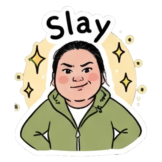 Girl looking confident with hands on hips, text Slay Daily Moods of a Girl sticker for expressive chats and social replies.