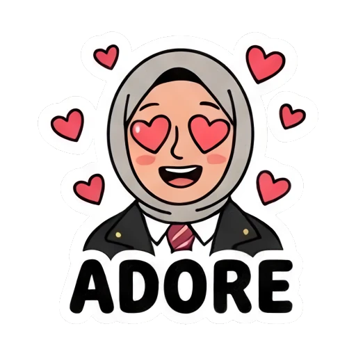 Hijabi student with heart eyes, ADORE text Hijabi Student Daily Life sticker for expressive chats and social replies.