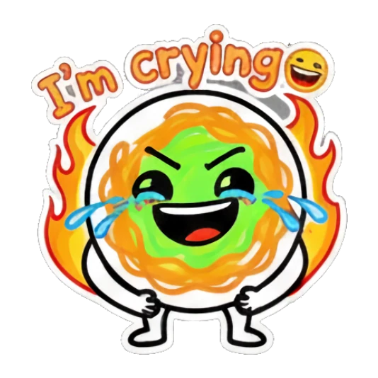 Spaghetti character crying with fire background and 'I'm crying' text. Spaghetti Doodle Pals sticker for expressive chats and social replies.