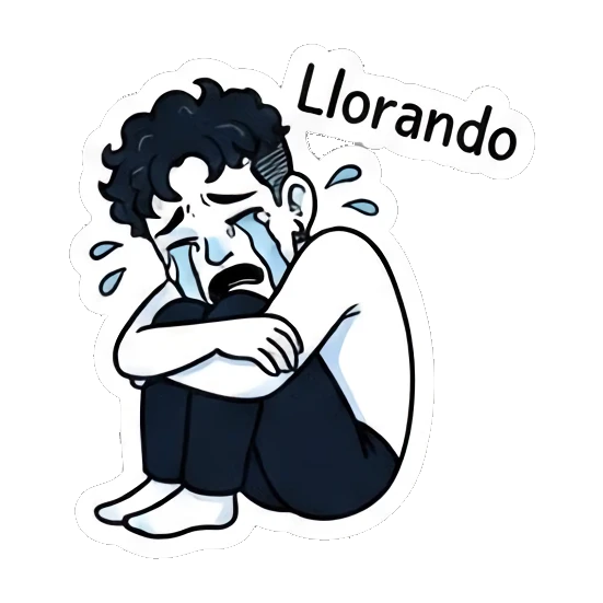 Sad boy sitting curled up crying with 'Llorando' text. Curly Haired Boy Daily Vibes sticker for expressive chats and social replies.