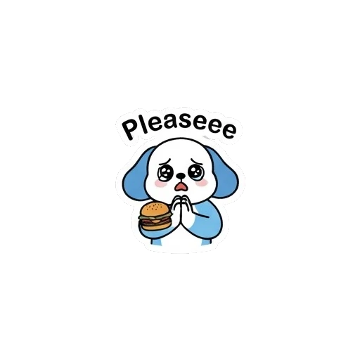 Begging puppy with pleading eyes saying Pleaseee Blue Puppy Burger Buddy sticker for expressive chats and social replies.