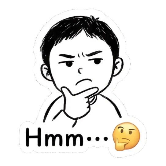 Boy thinking with a hand on chin, text says 'Hmm'. Daily Life of a Quirky Boy sticker for expressive chats and social replies.
