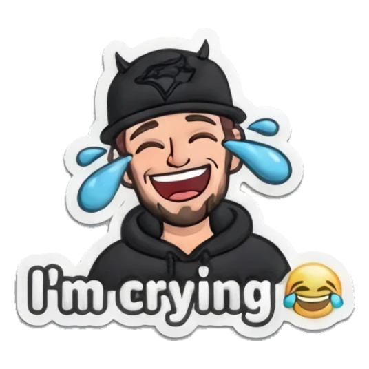 Guy laughing with tears with text I'm crying Custom camojis sticker for expressive chats and social replies.