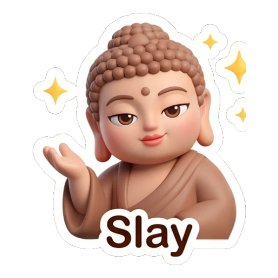 Little Buddha posing gracefully with a confident slay expression. Zen Little Buddha Vibes sticker for expressive chats and social replies.