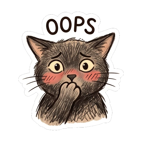 Embarrassed black cat covering mouth and OOPS text Charcoal Sketch Kitties sticker for expressive chats and social replies.