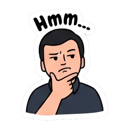 Man resting chin on hand in deep thought saying Hmm. Everyday Office Guy sticker for expressive chats and social replies.