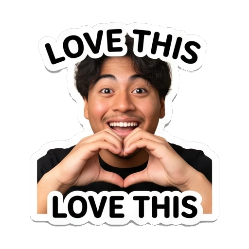Young man making a heart shape with hands, text 'LOVE THIS' Daily Life of a Cool Guy sticker for expressive chats and social replies.