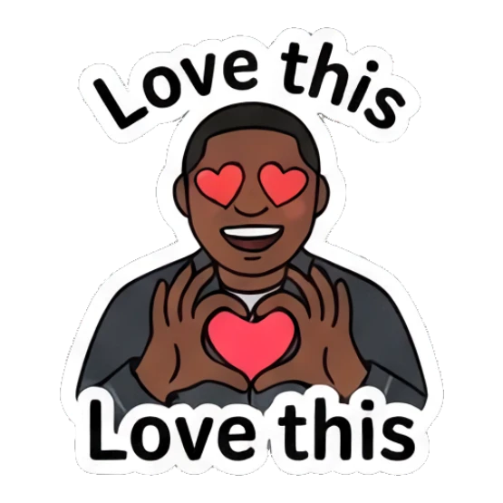 Man making heart shape with hands, eyes as hearts, text Love this Diverse Duo Expressions sticker for expressive chats and social replies.