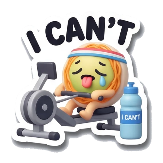 Noodle character exhausted on rowing machine with I CAN'T text Gym Buddy Noodles sticker for expressive chats and social replies.