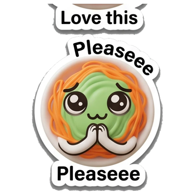 Spaghetti bowl with pleading eyes and 'Pleaseee' text, begging. Spaghetti Moods sticker for expressive chats and social replies.