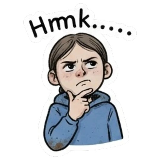 Thoughtful girl resting chin on hand with text Hmk... Daily Moods of a Girl sticker for expressive chats and social replies.