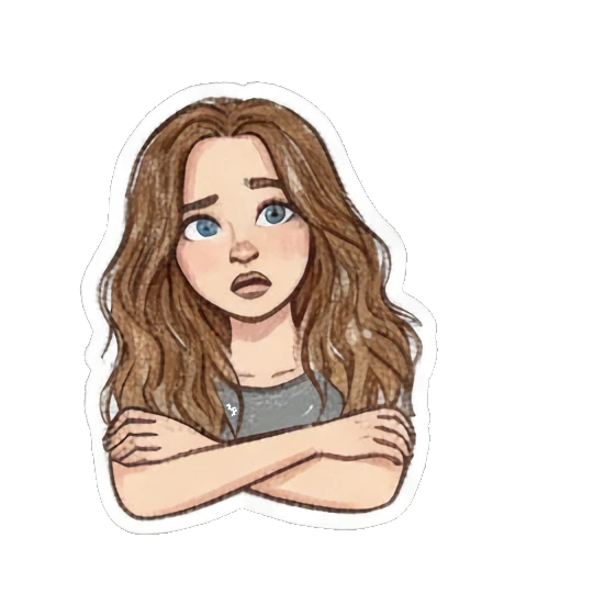Curly-haired girl looking sad with arms crossed. Curly Haired Girl Moods sticker for expressive chats and social replies.