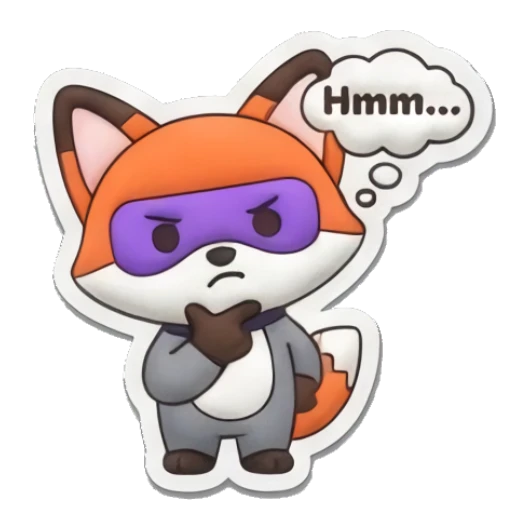 Pensive fox touching chin while thinking. Hero Fox Puff sticker for expressive chats and social replies.