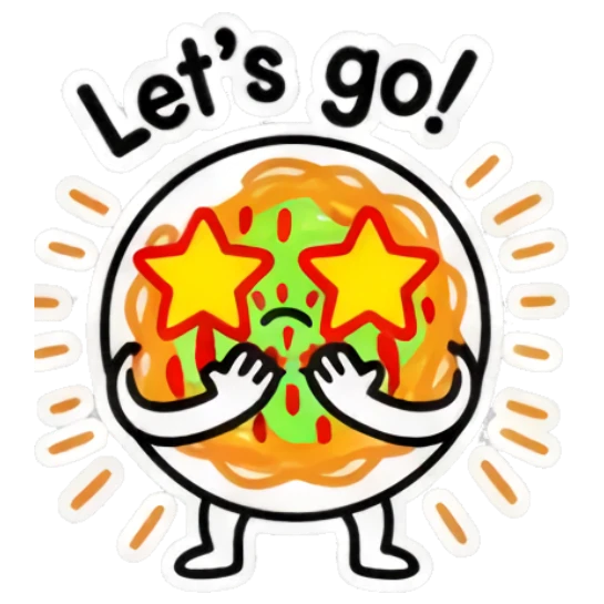 Excited noodle character with star eyes and 'Let's go!' text. Spicy Noodle Moods sticker for expressive chats and social replies.