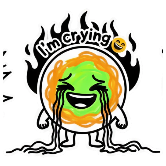 Noodle character crying with flames and 'I'm crying' text Noodle Doodle Pals sticker for expressive chats and social replies.