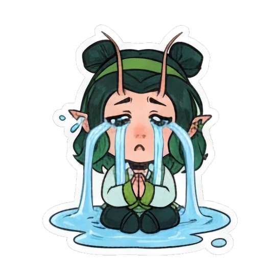 Girl crying a river of tears while sitting down Green Mantis Girl Adventures sticker for expressive chats and social replies.