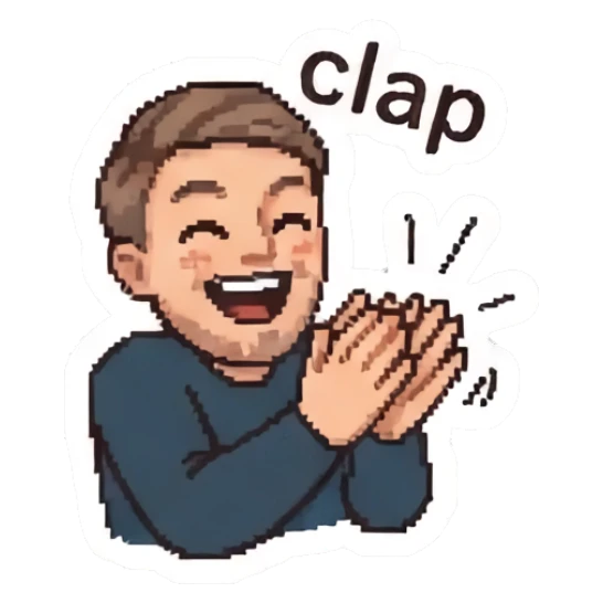 Happy man clapping his hands. Pixel Guy Daily Vibes sticker for expressive chats and social replies.