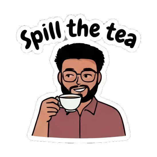 Relaxed bearded man sipping tea, gossiping. Bearded Guy Daily Vibes sticker for expressive chats and social replies.