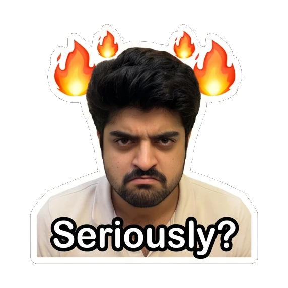 Young man looking angry with fire effects above his head. Daily Life of a Guy sticker for expressive chats and social replies.