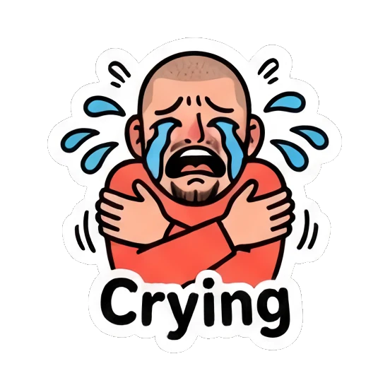 Crying buzz-cut man hugging himself, text Crying. Buzz Cut Guy Daily Vibes sticker for expressive chats and social replies.