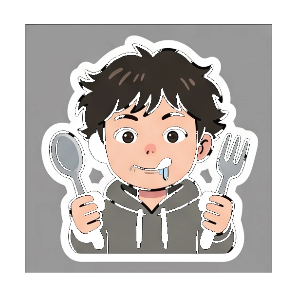 Boy with braces holding spoon and fork hungry Cheerful Braces Boy sticker for expressive chats and social replies.