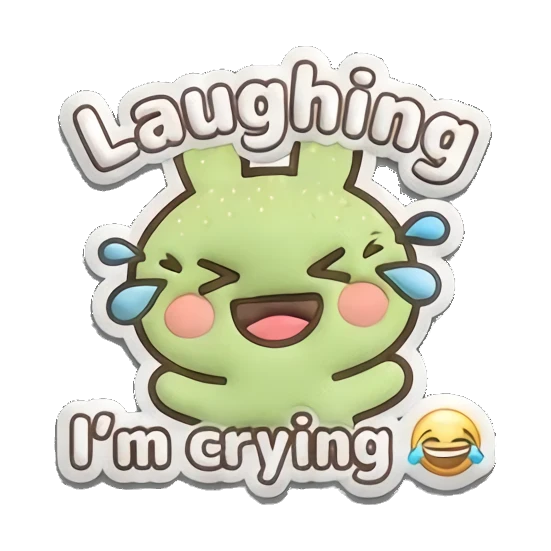 Laughing green bunny with tears of joy and 'Laughing I'm crying' text. Puffy Green Bunny Adventures sticker for expressive chats and social replies.