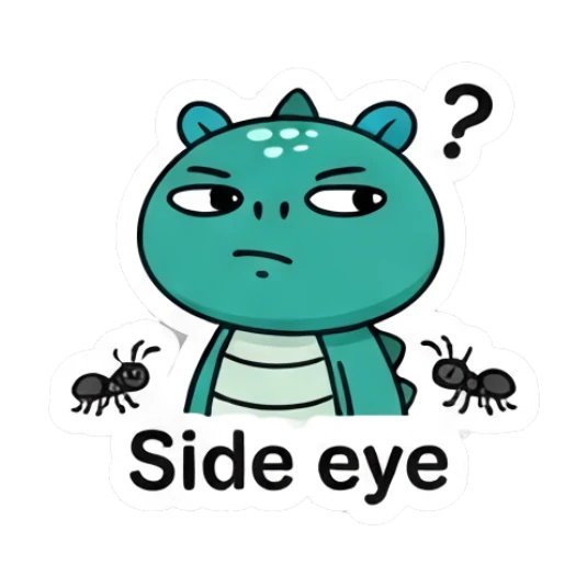 Skeptical green dinosaur giving a side eye with text Side eye Dino Pop Expressions sticker for expressive chats and social replies.