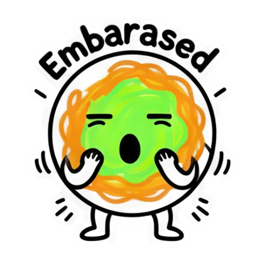 Noodle character looking embarrassed with 'Embarased' text Noodle Doodle Pals sticker for expressive chats and social replies.
