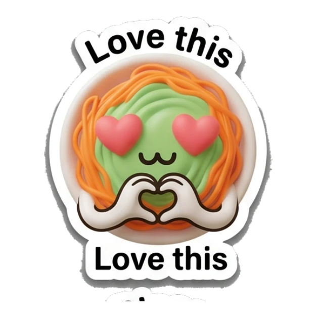 Spaghetti bowl making a heart shape with hands and 'Love this' text, affectionate. Spaghetti Moods sticker for expressive chats and social replies.