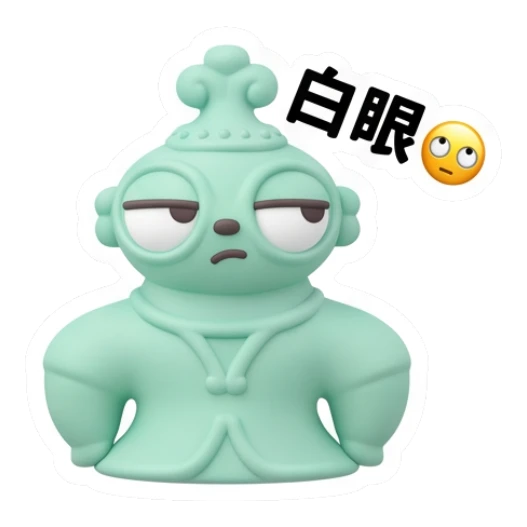 Green Buddha rolling eyes with '白眼' text Zen Buddy Clay Friends sticker for expressive chats and social replies.