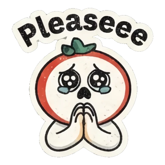 Pleading tomato character with big watery eyes and text Pleaseee Retro Tomato Moods sticker for expressive chats and social replies.