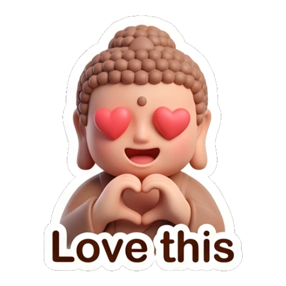 Little Buddha forming a heart shape with hands and heart eyes. Zen Little Buddha Vibes sticker for expressive chats and social replies.