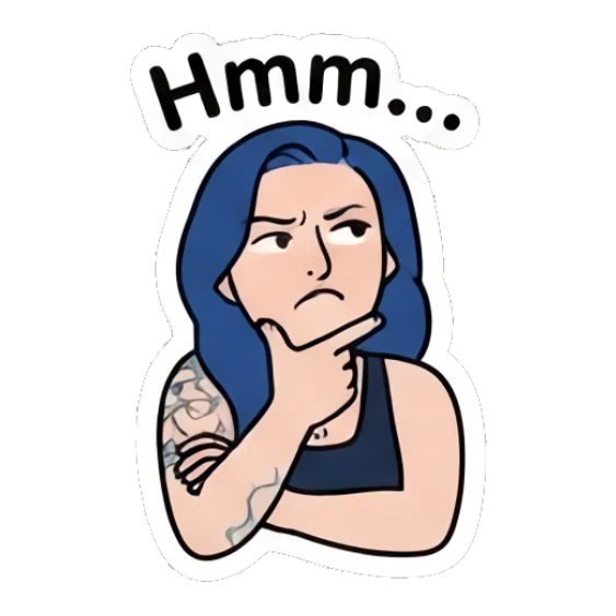 Thoughtful girl resting chin on hand saying Hmm. Blue Hair Girl Daily Life sticker for expressive chats and social replies.