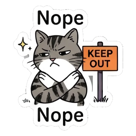 Stubborn tabby cat with crossed arms, text Nope Spooky Tabby Cat Adventures sticker for expressive chats and social replies.