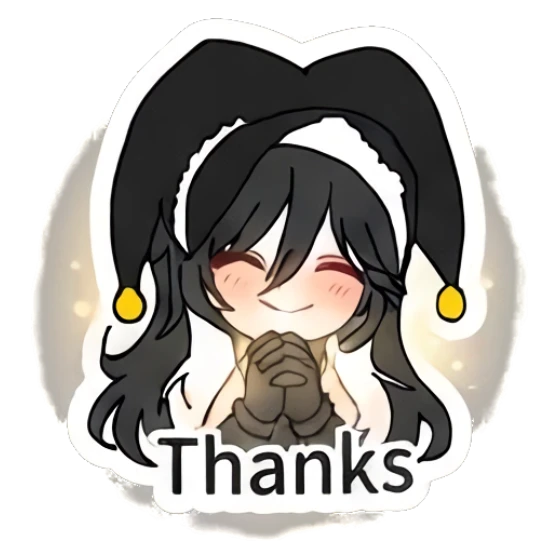 Jester girl looking thankful with 'Thanks' text Jester Girl Daily Moods sticker for expressive chats and social replies.