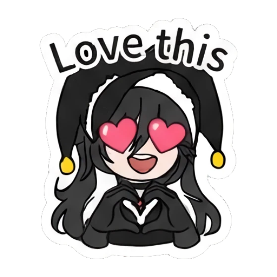 Jester girl with heart eyes and 'Love this' text Jester Girl Daily Moods sticker for expressive chats and social replies.