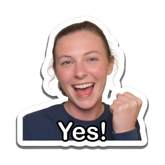 Young woman cheering with a fist pump, text 'Yes!' Daily Life of a Girl sticker for expressive chats and social replies.