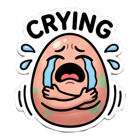 Sad spotted egg crying with hands crossed, 'Crying' text. Spotted Egg Adventures sticker for expressive chats and social replies.