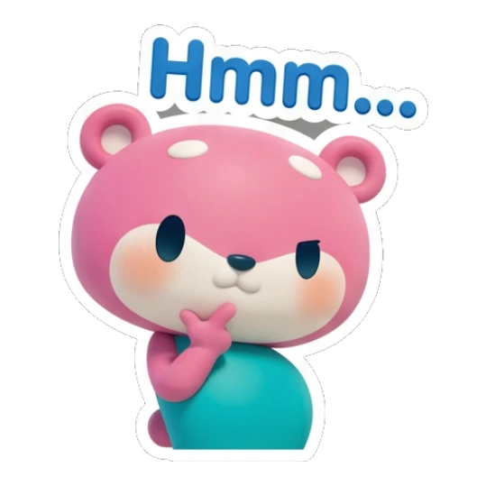 Pink bear thinking with a hand on chin with text Hmm... Pinky Bear Daily Vibes sticker for expressive chats and social replies.