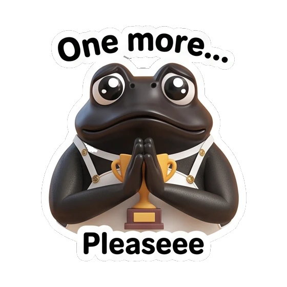 Frog holding a small trophy in prayer, text Pleaseee Fancy Frog Sports Club sticker for expressive chats and social replies.