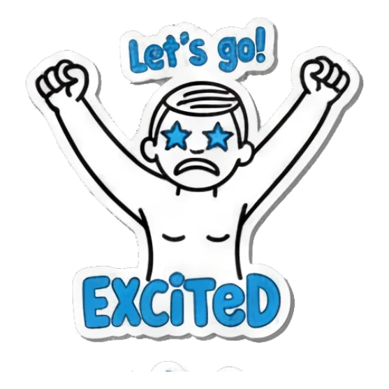 Boy looking excited with star eyes and text EXCITED Keith Haring Style Doodles sticker for expressive chats and social replies.