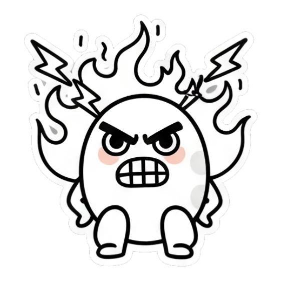 Angry egg character surrounded by flames and lightning bolts. Doodle Egg Expressions sticker for expressive chats and social replies.