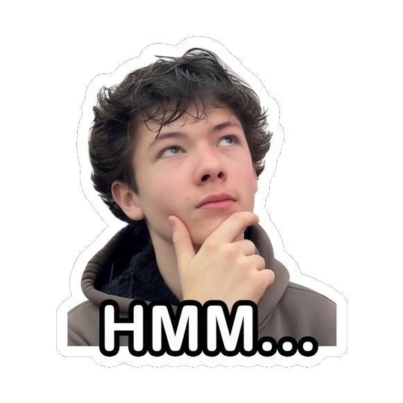 Teen boy touching chin, thoughtful, text HMM... Teen Boy Daily Expressions sticker for expressive chats and social replies.