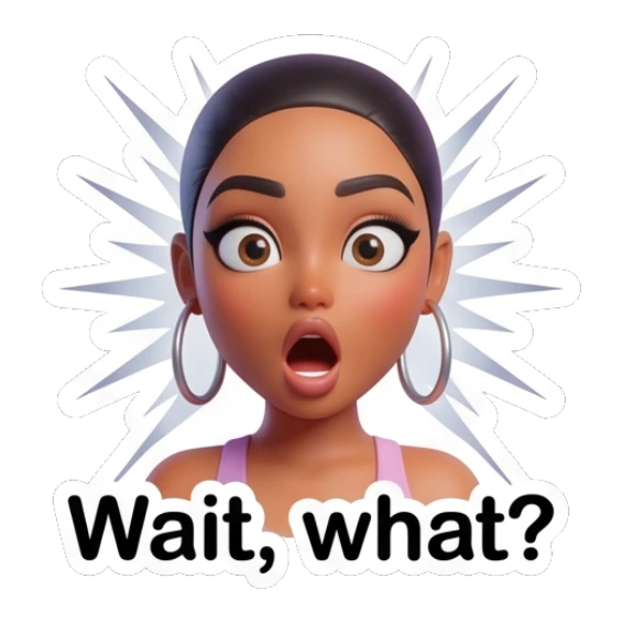 Surprised girl with wide eyes and mouth open, text says Wait, what? Modern Chic Girl Expressions sticker for expressive chats and social replies.