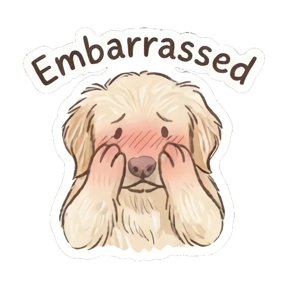 Shy golden retriever covering face with paws, text Embarrassed Golden Doodle Daily Vibes sticker for expressive chats and social replies.