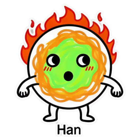 Noodle character with fire aura and 'Han' text Noodle Buddy Emotions sticker for expressive chats and social replies.