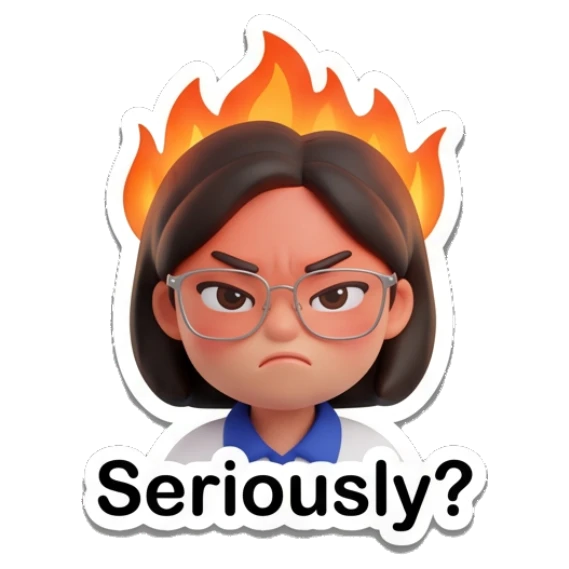 Girl with glasses with a flame aura around her head, looking angry and saying Seriously? Cheerful Glasses Girl Daily sticker for expressive chats and social replies.