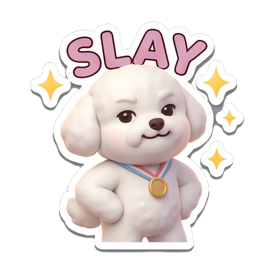 Bichon posing confidently with stars, Slay text Bichon Buddy Daily Vibes sticker for expressive chats and social replies.